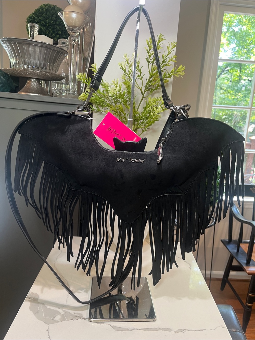 Betsey Johnson Halloween Black Suede Bat-Shaped Fringe Crossbody/Satchel Bag NWT